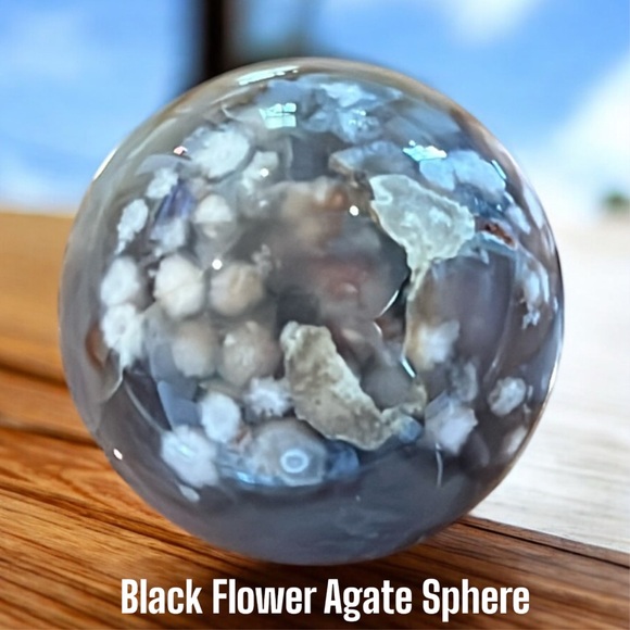 Black Flower Agate Gemstone/ Crystal Sphere NWOT